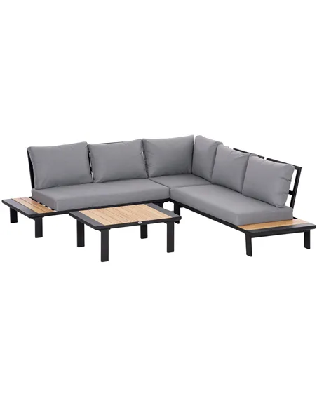 Outsunny 4 Pieces Aluminium Garden Furniture Set L Shape Sofa Set with Tables, Cushions for Indoor, Garden, Patio, Dark Grey