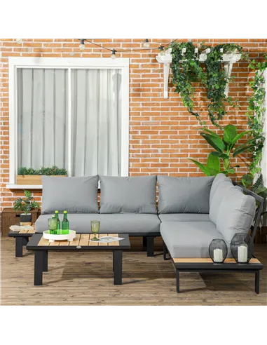 Outsunny 4 Pieces Aluminium Garden Furniture Set L Shape Sofa Set with Tables, Cushions for Indoor, Garden, Patio, Dark Grey