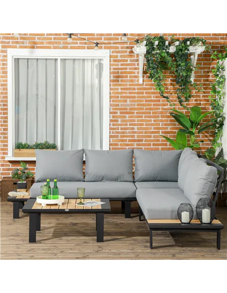 Outsunny 4 Pieces Aluminium Garden Furniture Set L Shape Sofa Set with Tables, Cushions for Indoor, Garden, Patio, Dark Grey