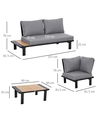 Outsunny 4 Pieces Aluminium Garden Furniture Set L Shape Sofa Set with Tables, Cushions for Indoor, Garden, Patio, Dark Grey