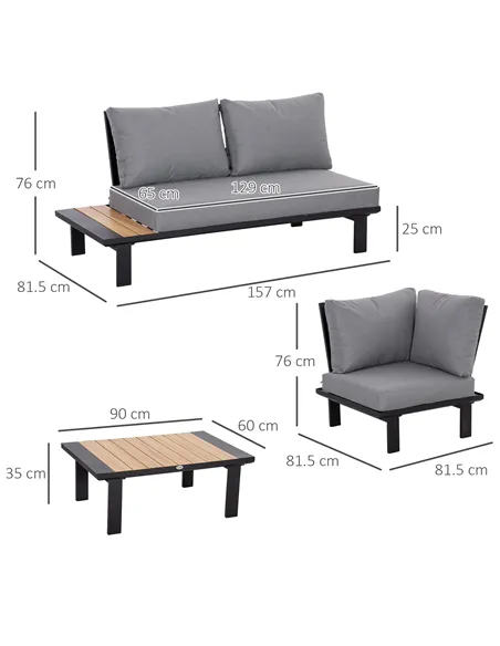 Outsunny 4 Pieces Aluminium Garden Furniture Set L Shape Sofa Set with Tables, Cushions for Indoor, Garden, Patio, Dark Grey