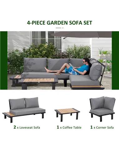 Outsunny 4 Pieces Aluminium Garden Furniture Set L Shape Sofa Set with Tables, Cushions for Indoor, Garden, Patio, Dark Grey