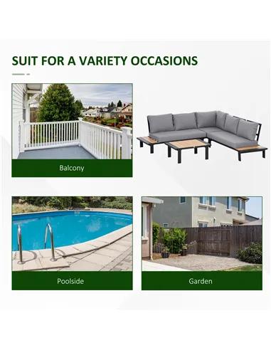 Outsunny 4 Pieces Aluminium Garden Furniture Set L Shape Sofa Set with Tables, Cushions for Indoor, Garden, Patio, Dark Grey