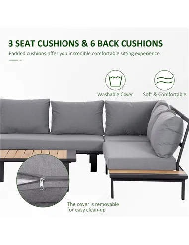 Outsunny 4 Pieces Aluminium Garden Furniture Set L Shape Sofa Set with Tables, Cushions for Indoor, Garden, Patio, Dark Grey