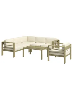 Outsunny 5-Piece Garden Corner Sofa Set with Cushions, 6 Seater Aluminium Garden Furniture Set with Glass Top Coffee Table, Pati