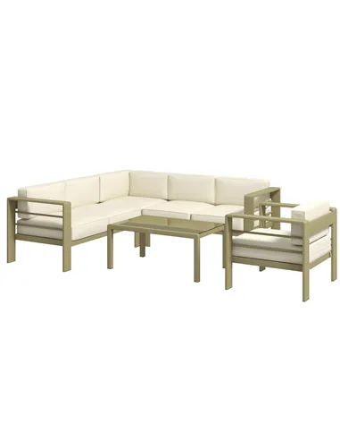 Outsunny 5-Piece Garden Corner Sofa Set with Cushions, 6 Seater Aluminium Garden Furniture Set with Glass Top Coffee Table, Pati