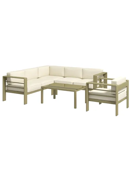 Outsunny 5-Piece Garden Corner Sofa Set with Cushions, 6 Seater Aluminium Garden Furniture Set with Glass Top Coffee Table, Pati