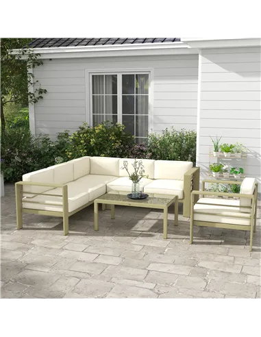 Outsunny 5-Piece Garden Corner Sofa Set with Cushions, 6 Seater Aluminium Garden Furniture Set with Glass Top Coffee Table, Pati