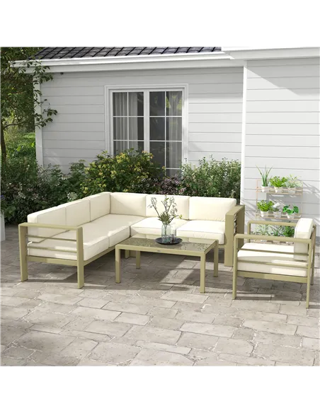 Outsunny 5-Piece Garden Corner Sofa Set with Cushions, 6 Seater Aluminium Garden Furniture Set with Glass Top Coffee Table, Pati