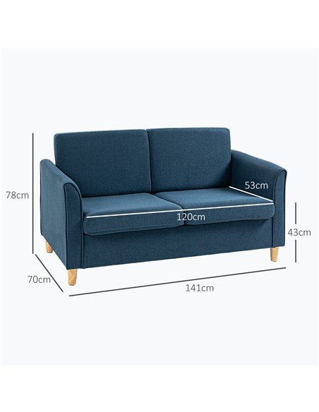 HOMCOM Compact Loveseat Sofa, Modern 2 Seater Sofa for Living Room with Wood Legs and Armrests, Blue
