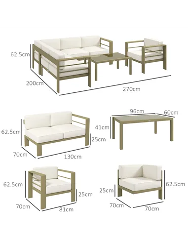 Outsunny 5-Piece Garden Corner Sofa Set with Cushions, 6 Seater Aluminium Garden Furniture Set with Glass Top Coffee Table, Pati
