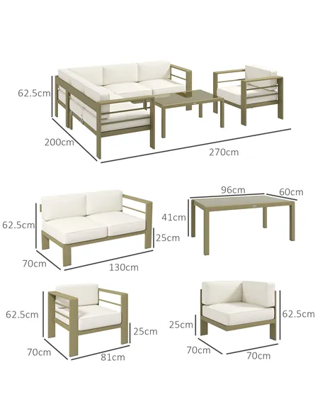 Outsunny 5-Piece Garden Corner Sofa Set with Cushions, 6 Seater Aluminium Garden Furniture Set with Glass Top Coffee Table, Pati