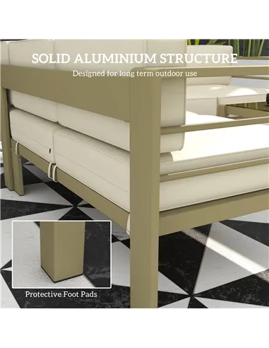 Outsunny 5-Piece Garden Corner Sofa Set with Cushions, 6 Seater Aluminium Garden Furniture Set with Glass Top Coffee Table, Pati