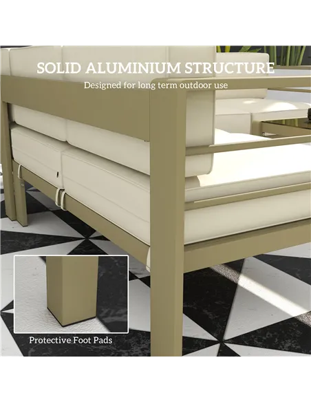 Outsunny 5-Piece Garden Corner Sofa Set with Cushions, 6 Seater Aluminium Garden Furniture Set with Glass Top Coffee Table, Pati