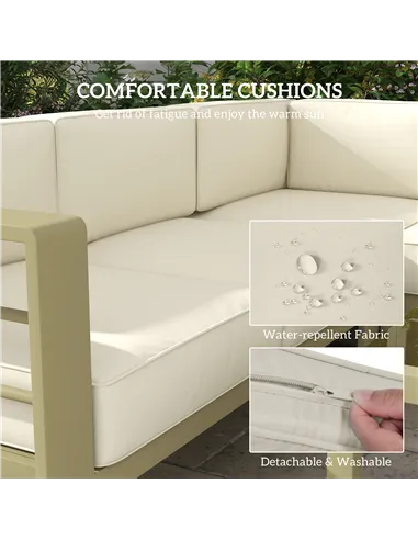 Outsunny 5-Piece Garden Corner Sofa Set with Cushions, 6 Seater Aluminium Garden Furniture Set with Glass Top Coffee Table, Pati