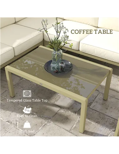 Outsunny 5-Piece Garden Corner Sofa Set with Cushions, 6 Seater Aluminium Garden Furniture Set with Glass Top Coffee Table, Pati