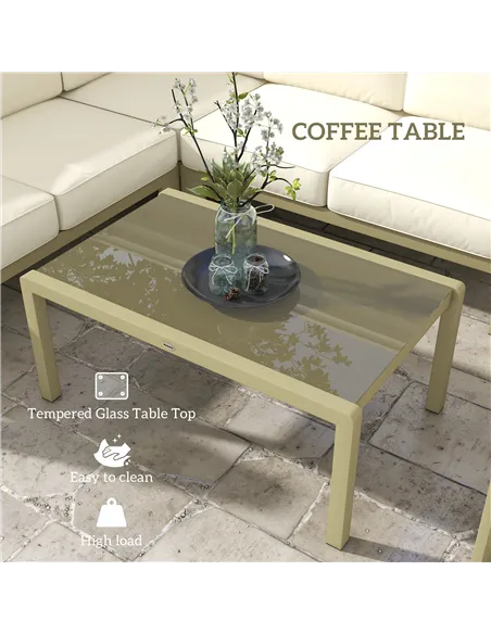 Outsunny 5-Piece Garden Corner Sofa Set with Cushions, 6 Seater Aluminium Garden Furniture Set with Glass Top Coffee Table, Pati