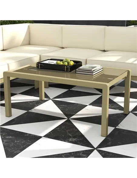 Outsunny 5-Piece Garden Corner Sofa Set with Cushions, 6 Seater Aluminium Garden Furniture Set with Glass Top Coffee Table, Pati