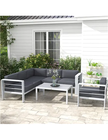 Outsunny Five-Piece Aluminium Garden Sofa Set, with Glass-Top Table - Grey