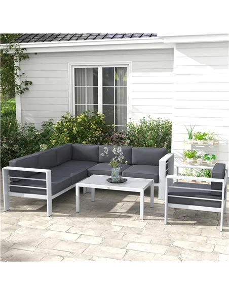 Outsunny Five-Piece Aluminium Garden Sofa Set, with Glass-Top Table - Grey