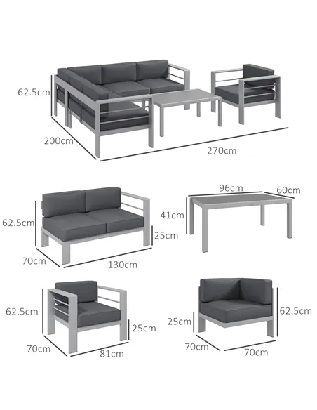 Outsunny Five-Piece Aluminium Garden Sofa Set, with Glass-Top Table - Grey