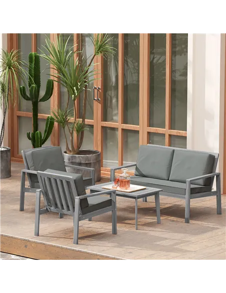 Outsunny 4-Piece Wooden Garden Furniture Set with Cushions - Light Grey
