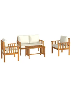 Outsunny Four-Piece Acacia Wood Garden Sofa Set - Teak/Cream
