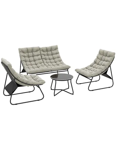 Outsunny 4 Seater Garden Furniture Set, Conversation Set with Loveseat Sofa, Chairs, Glass Coffee Table, Thick Cushions, Steel O