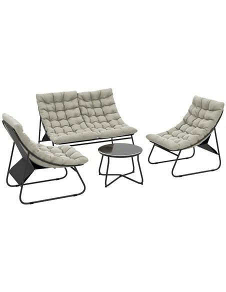 Outsunny 4 Seater Garden Furniture Set, Conversation Set with Loveseat Sofa, Chairs, Glass Coffee Table, Thick Cushions, Steel O