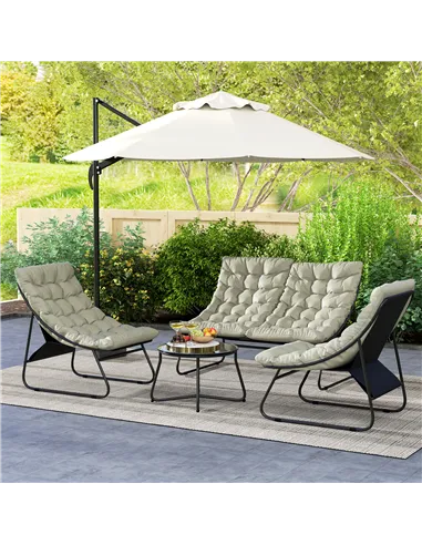 Outsunny 4 Seater Garden Furniture Set, Conversation Set with Loveseat Sofa, Chairs, Glass Coffee Table, Thick Cushions, Steel O