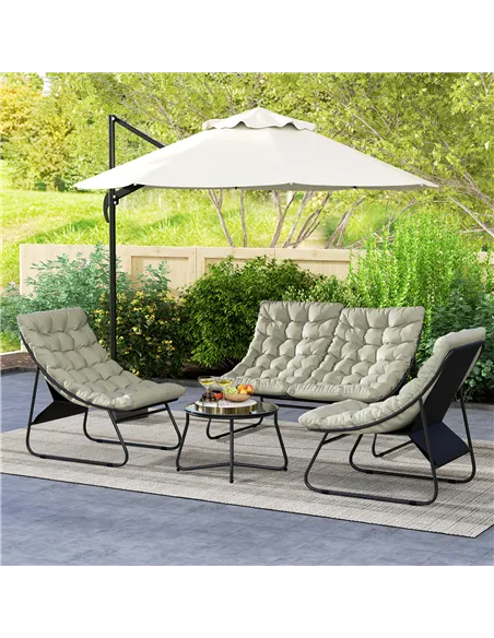 Outsunny 4 Seater Garden Furniture Set, Conversation Set with Loveseat Sofa, Chairs, Glass Coffee Table, Thick Cushions, Steel O
