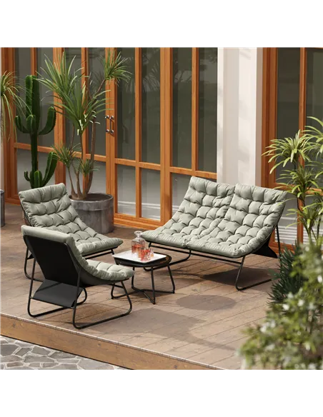 Outsunny 4 Seater Garden Furniture Set, Conversation Set with Loveseat Sofa, Chairs, Glass Coffee Table, Thick Cushions, Steel O