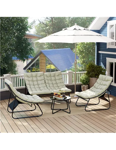 Outsunny 4 Seater Garden Furniture Set, Conversation Set with Loveseat Sofa, Chairs, Glass Coffee Table, Thick Cushions, Steel O