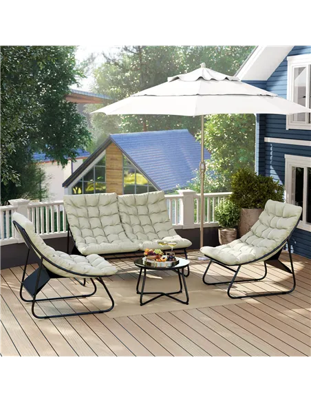 Outsunny 4 Seater Garden Furniture Set, Conversation Set with Loveseat Sofa, Chairs, Glass Coffee Table, Thick Cushions, Steel O