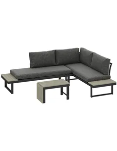 Outsunny 4 Seater L Shaped Aluminium Sectional Garden Furniture Set with 2 Loveseats and Wood-Plastic Coffee Table - Dark Grey