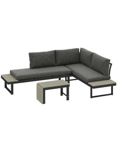 Outsunny 4 Seater L Shaped Aluminium Sectional Garden Furniture Set with 2 Loveseats and Wood-Plastic Coffee Table - Dark Grey