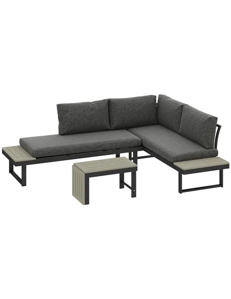 Outsunny 4 Seater L Shaped Aluminium Sectional Garden Furniture Set with 2 Loveseats and Wood-Plastic Coffee Table - Dark Grey