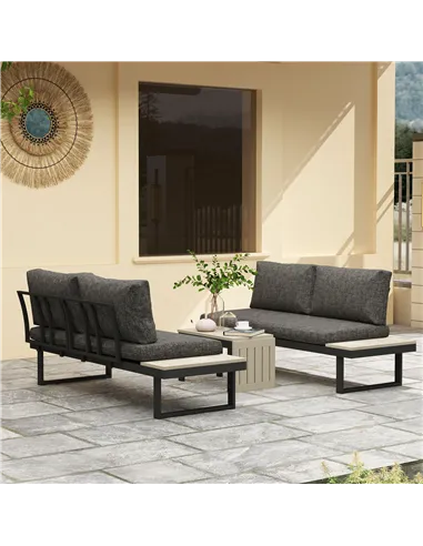 Outsunny 4 Seater L Shaped Aluminium Sectional Garden Furniture Set with 2 Loveseats and Wood-Plastic Coffee Table - Dark Grey