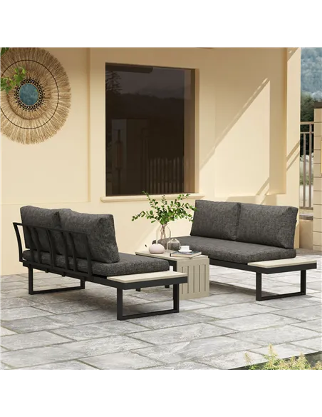 Outsunny 4 Seater L Shaped Aluminium Sectional Garden Furniture Set with 2 Loveseats and Wood-Plastic Coffee Table - Dark Grey
