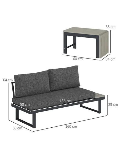 Outsunny 4 Seater L Shaped Aluminium Sectional Garden Furniture Set with 2 Loveseats and Wood-Plastic Coffee Table - Dark Grey