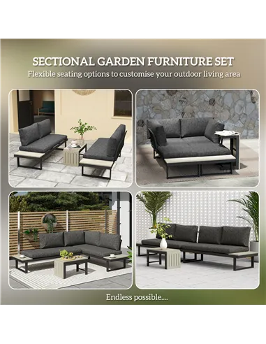 Outsunny 4 Seater L Shaped Aluminium Sectional Garden Furniture Set with 2 Loveseats and Wood-Plastic Coffee Table - Dark Grey