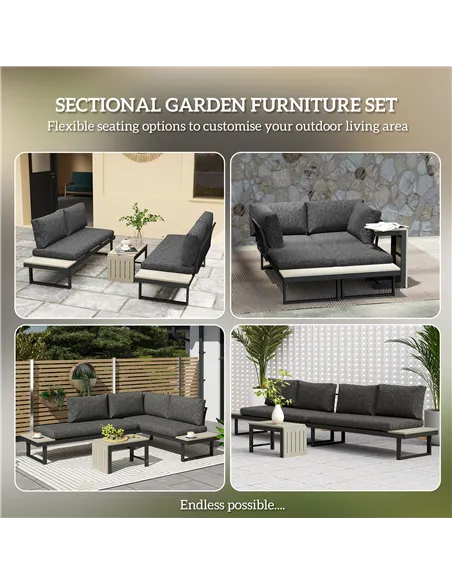 Outsunny 4 Seater L Shaped Aluminium Sectional Garden Furniture Set with 2 Loveseats and Wood-Plastic Coffee Table - Dark Grey