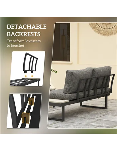 Outsunny 4 Seater L Shaped Aluminium Sectional Garden Furniture Set with 2 Loveseats and Wood-Plastic Coffee Table - Dark Grey