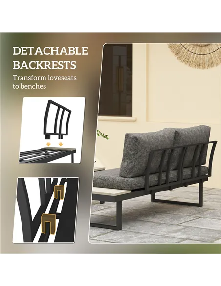 Outsunny 4 Seater L Shaped Aluminium Sectional Garden Furniture Set with 2 Loveseats and Wood-Plastic Coffee Table - Dark Grey