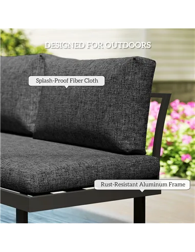 Outsunny 4 Seater L Shaped Aluminium Sectional Garden Furniture Set with 2 Loveseats and Wood-Plastic Coffee Table - Dark Grey