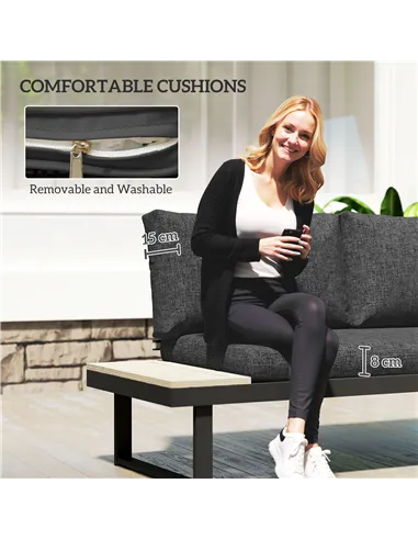 Outsunny 4 Seater L Shaped Aluminium Sectional Garden Furniture Set with 2 Loveseats and Wood-Plastic Coffee Table - Dark Grey