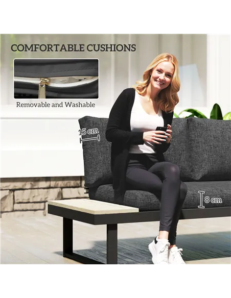 Outsunny 4 Seater L Shaped Aluminium Sectional Garden Furniture Set with 2 Loveseats and Wood-Plastic Coffee Table - Dark Grey