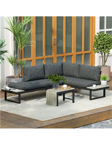 Outsunny 4 Seater L Shaped Aluminium Sectional Garden Furniture Set with 2 Loveseats and Wood-Plastic Coffee Table - Dark Grey