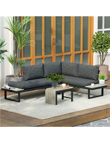 Outsunny 4 Seater L Shaped Aluminium Sectional Garden Furniture Set with 2 Loveseats and Wood-Plastic Coffee Table - Dark Grey