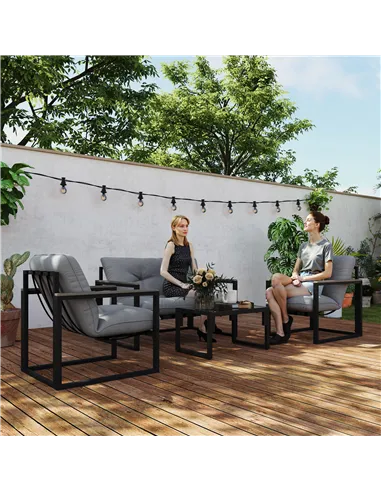 Outsunny Garden Furniture Set, 4 Piece Indoor Outdoor Conservatory with Loveseat Sofa, Armchairs, Glass Top Coffee Table, Cushio